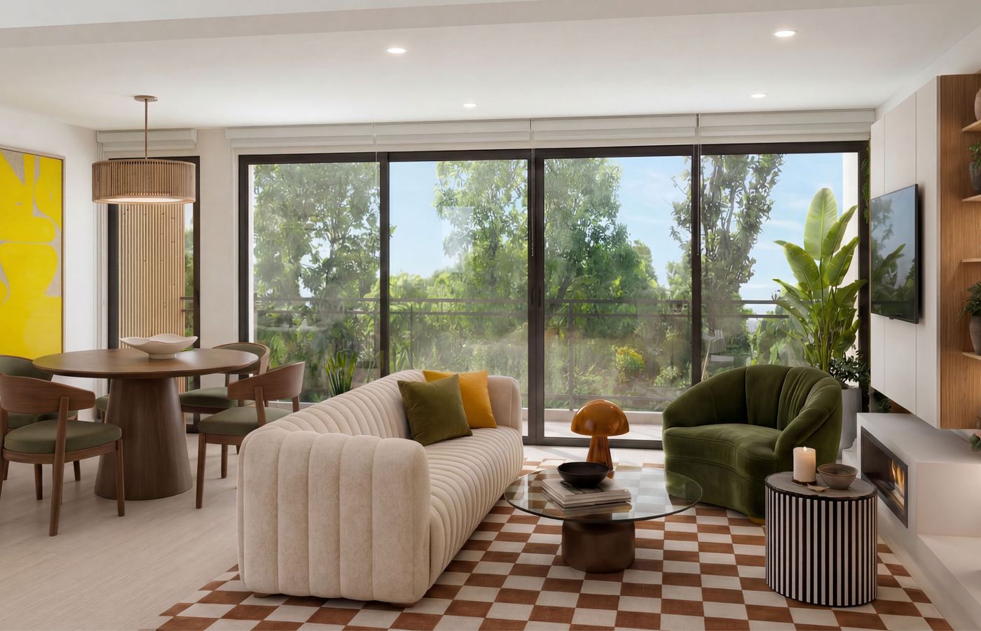 Sala comedor con balcón y vista a áreas verdes en un departamento de Casuarinas 339